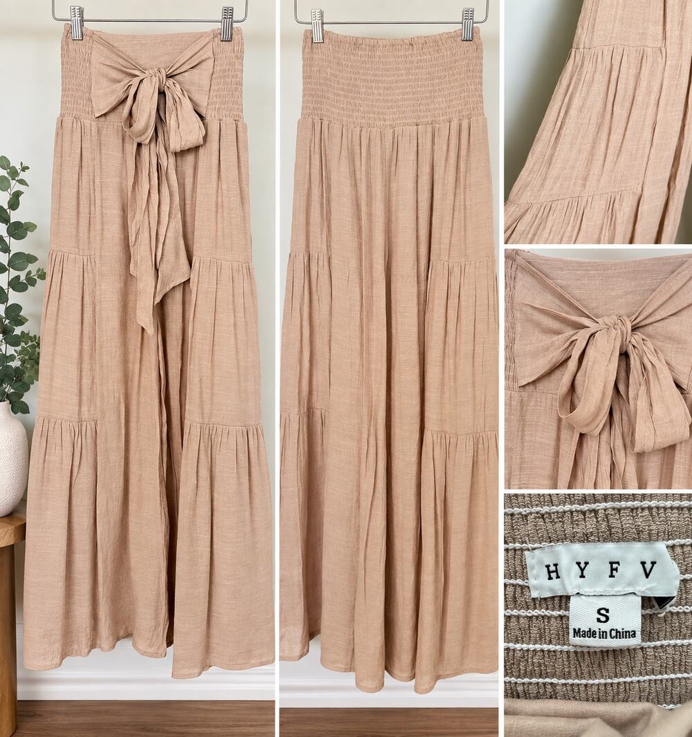 HYFVE Women’s Small Beige Tie Front Tiered Wide Leg Palazzo Pants Boho
